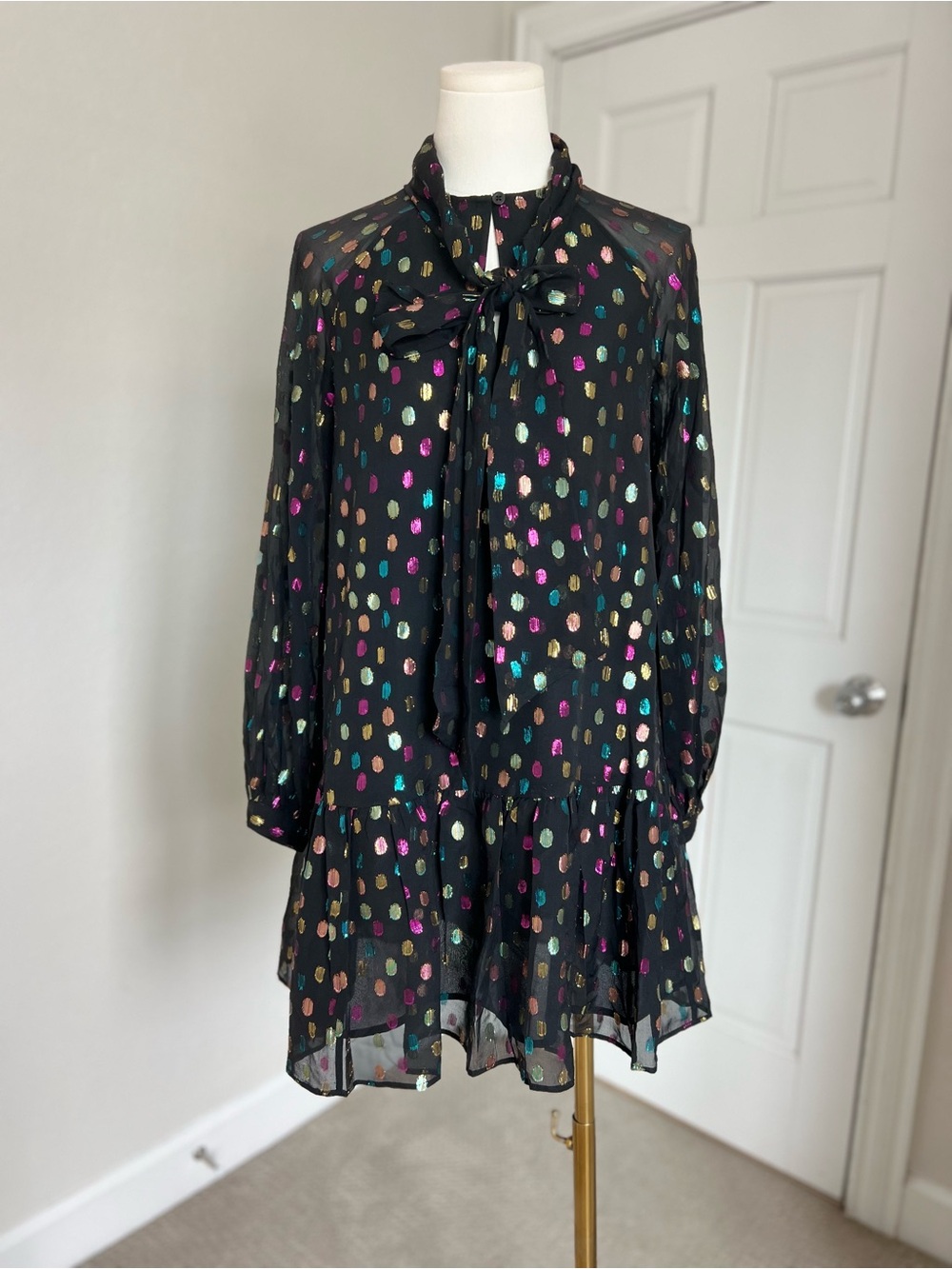 Kate Spade Women’s Silk Chiffon Metallic Polka Dot Dress XS Designer Maximalist
